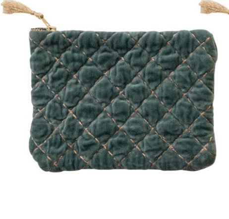 Quilted Cotton Velvet Zip Pouch w/ Metallic Thread Embroidery & Tassel, 6 Colors