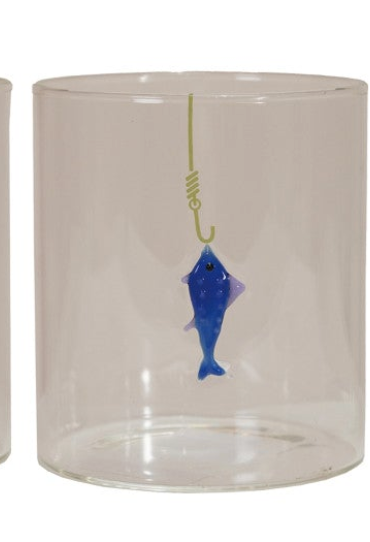 12 oz. Hand-Blown Drinking Glass with Fish On Hook, 3 Styles
