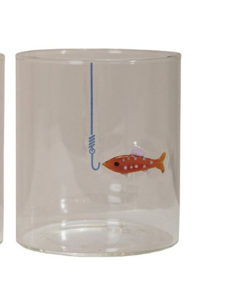 12 oz. Hand-Blown Drinking Glass with Fish On Hook, 3 Styles