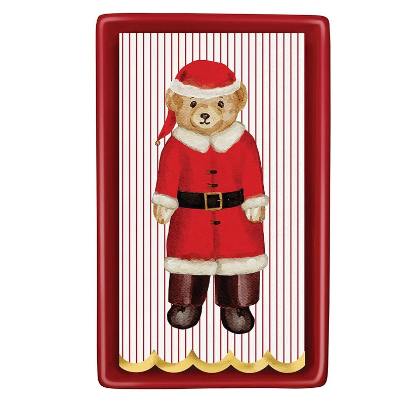 Merry Bear guest napkin detail - bear in a Santa suit on red stripes