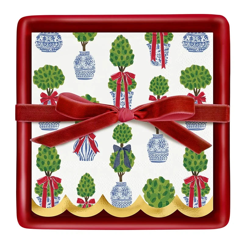 Square red ceramic cocktail napkin tray with Holiday Topiaries napkins