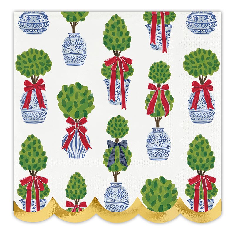 Holiday Topiaries cocktail tray set styled on a bar cart