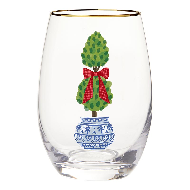 Christmas Topiary stemless wine glass detail