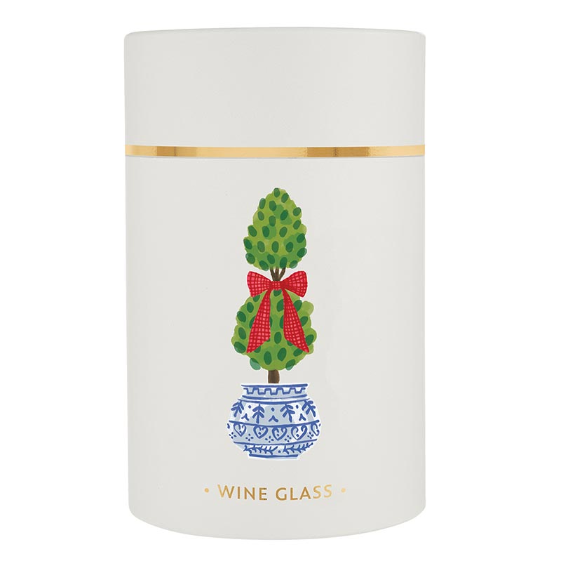 Christmas Topiary stemless wine glass styled on a table
