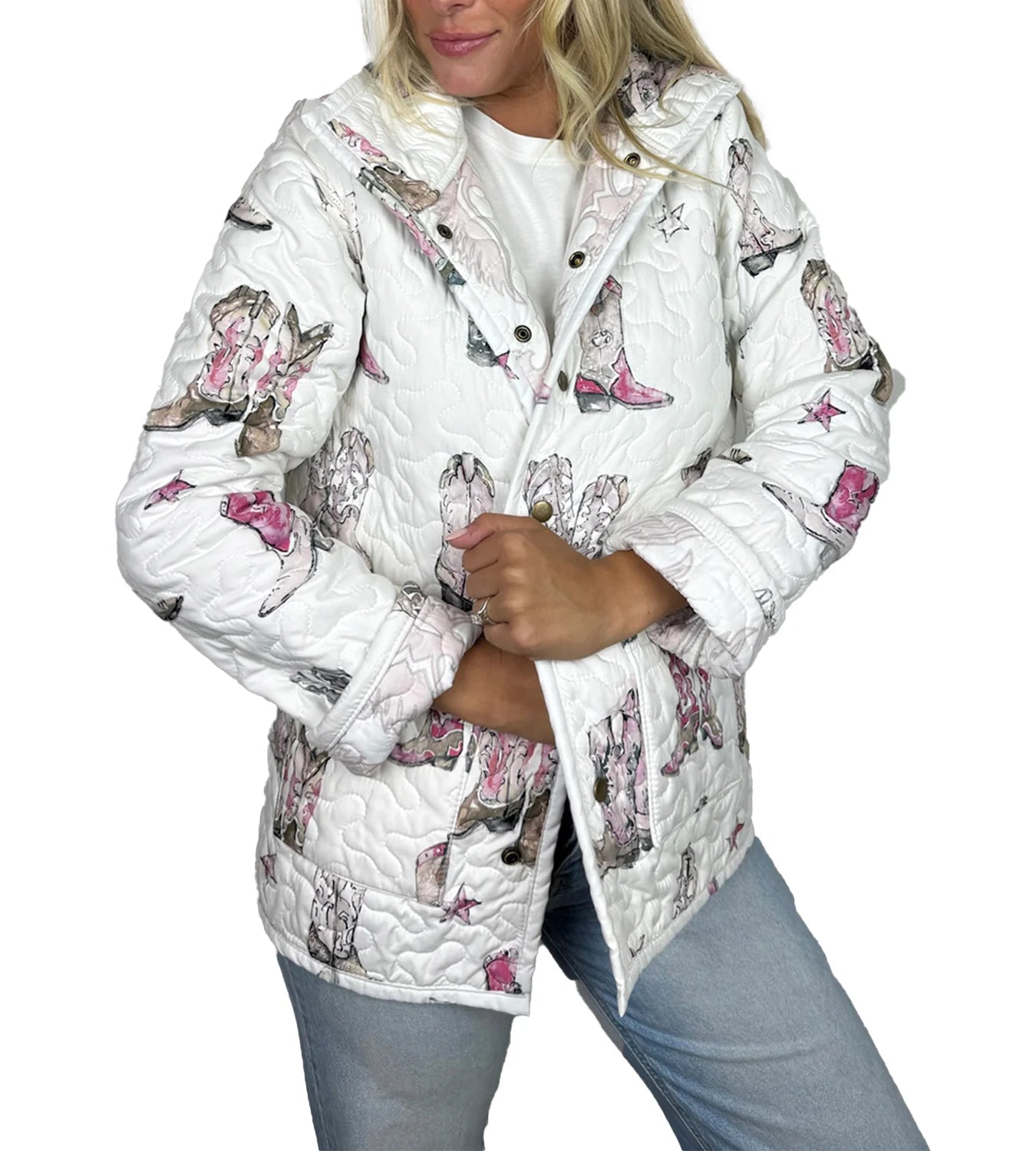 Ida Mae Thunderbird Boots Pink Quilted Snap Jacket