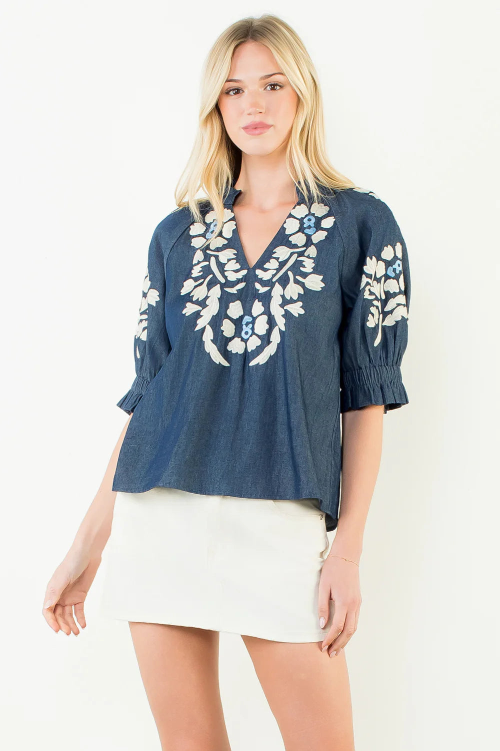 Puff Sleeve Floral Embroldery Detail Top