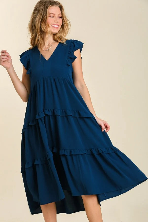 Terry Tiered Ruffle Sleeve Maxi Dress