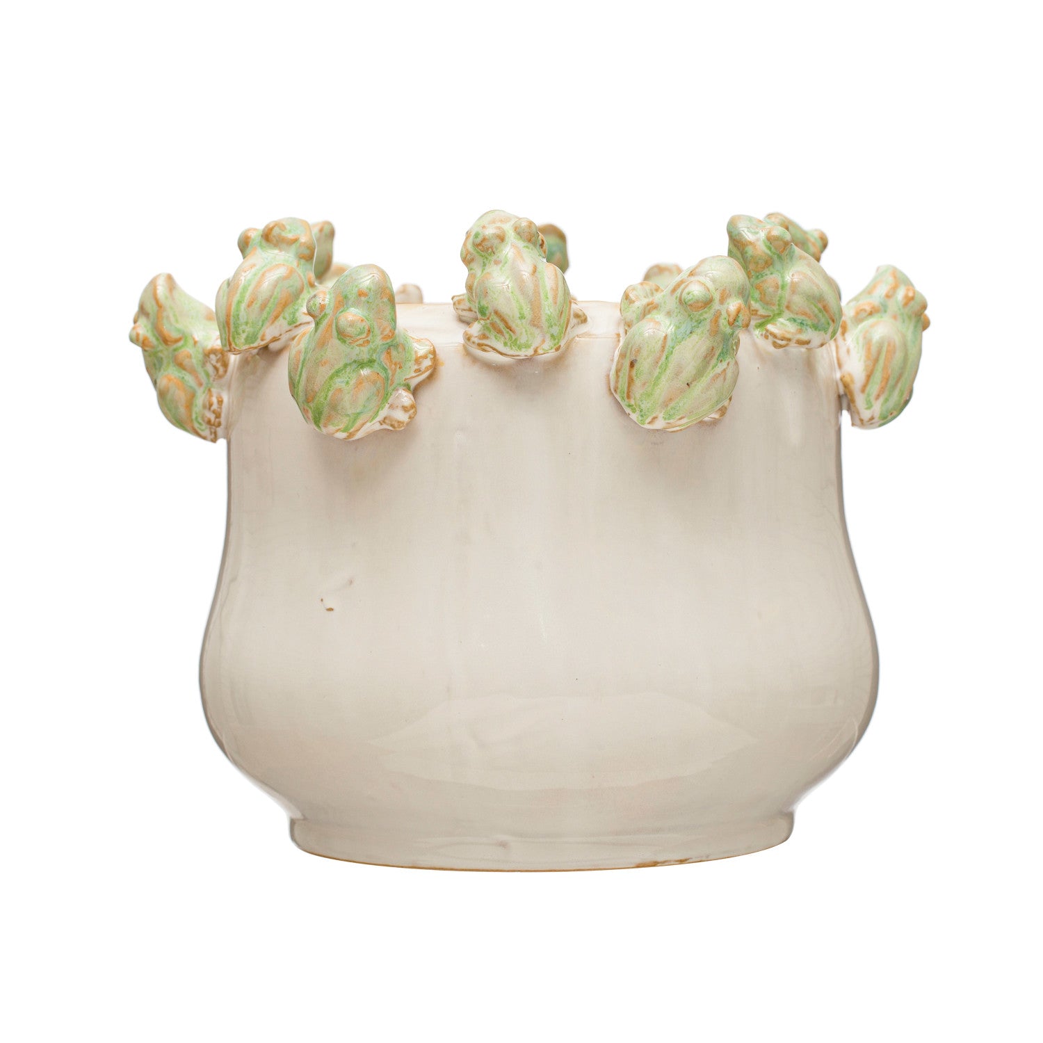 Stoneware Planter with Frogs on Rim, Reactive Glaze, White and Green