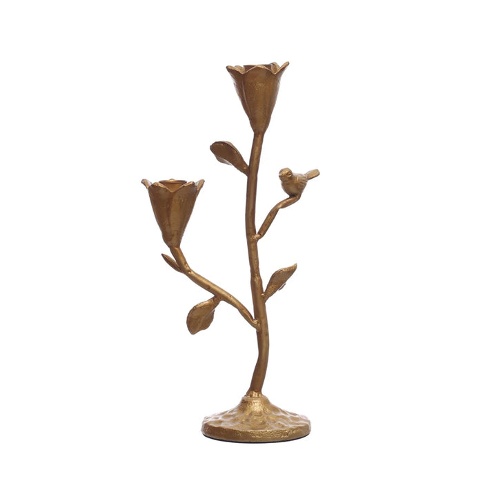 Hand-Forged Cast Iron Candelabra w/ Flowers & Bird