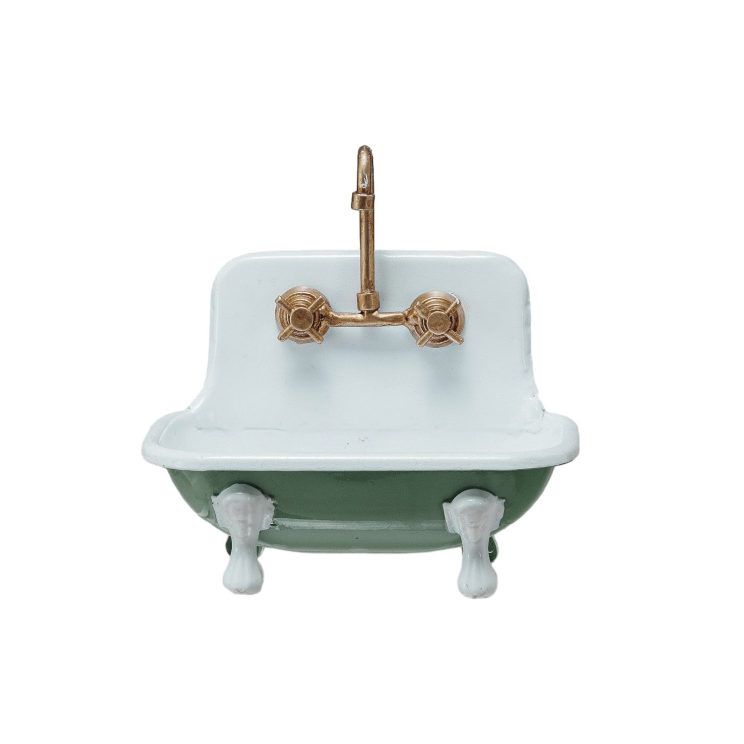 Metal Sink Soap Dish w/ Faucet, Green, White & Gold Finish