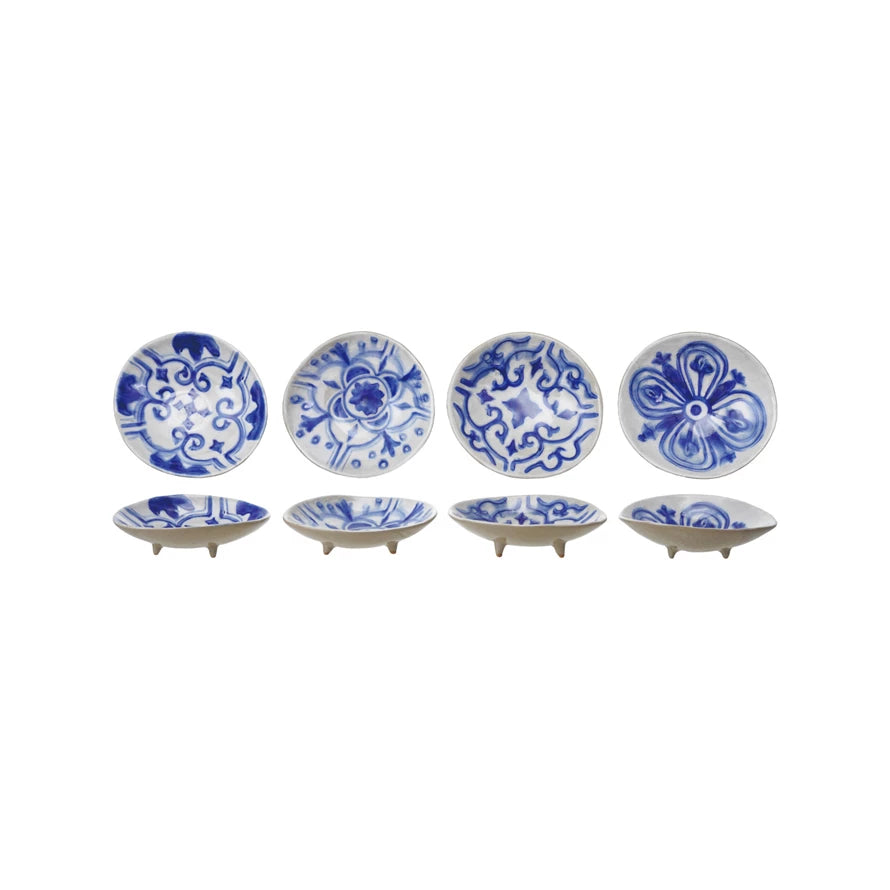 Blue and White Hand-Painted Stoneware Footed Dish, 4 Styles