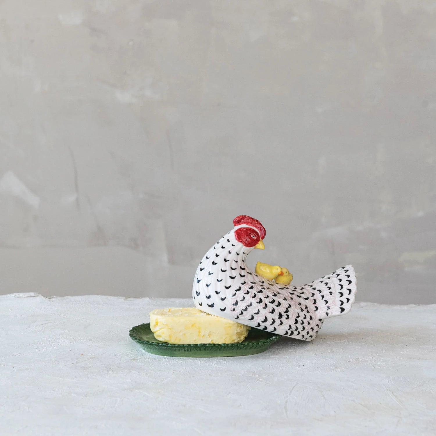 Hand-Painted Vintage Reproduction Hen Shaped Butter Dish with Chicks