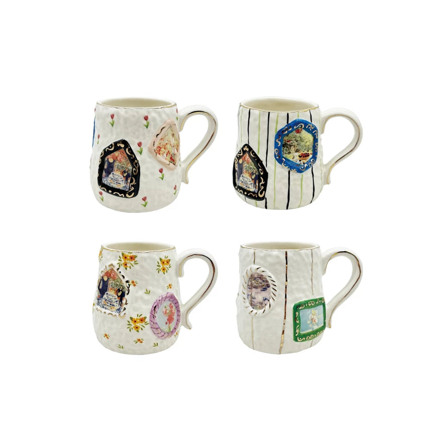 Embossed Hand-Painted Stoneware Cups, 4 Styles