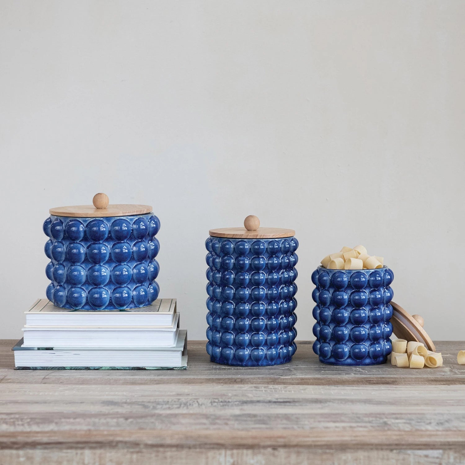 Stoneware Canisters with Raised Dots & Wood Lids