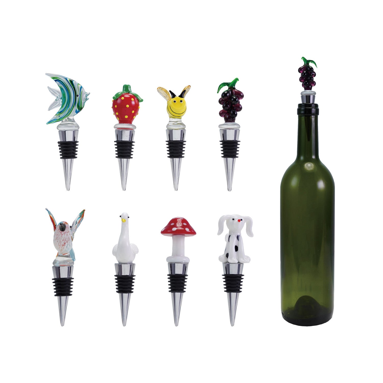 Zinc Alloy Bottle Stopper with Hand-Blown Glass Figure, 8 Styles