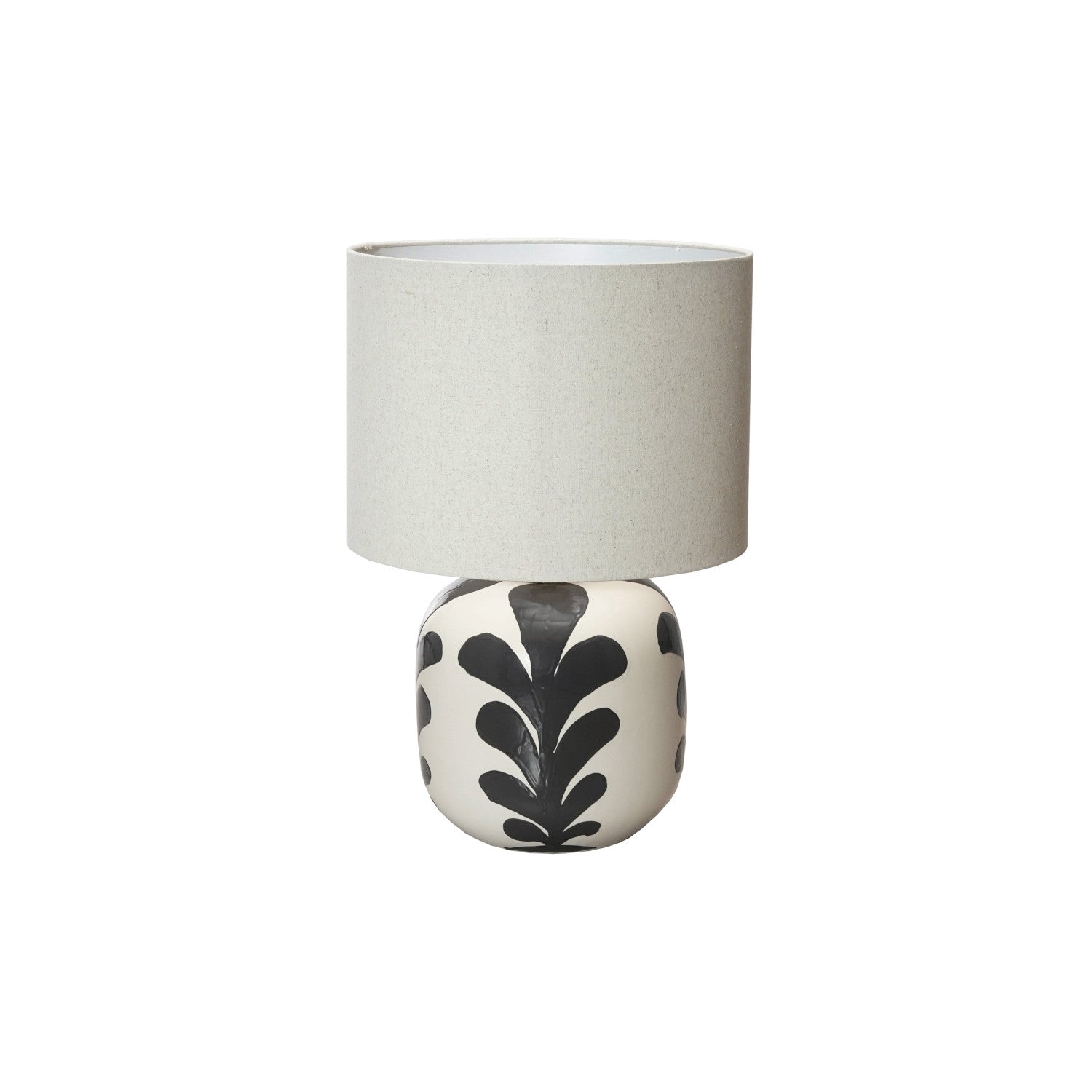 Stoneware Table Lamp w/ Abstract Design, Linen Shade & Inline Switch