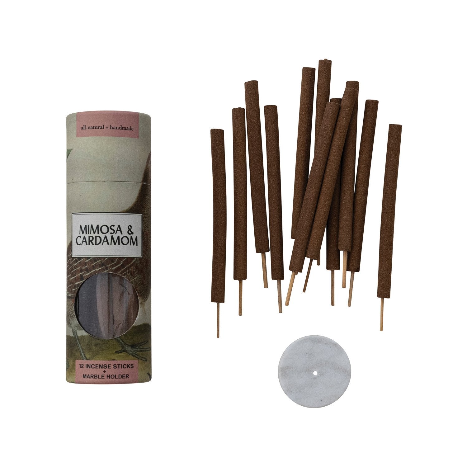 12 Piece Mimosa & Cardamom Scented Thick Incense Sticks with Marble Incense Holder, Set of 13