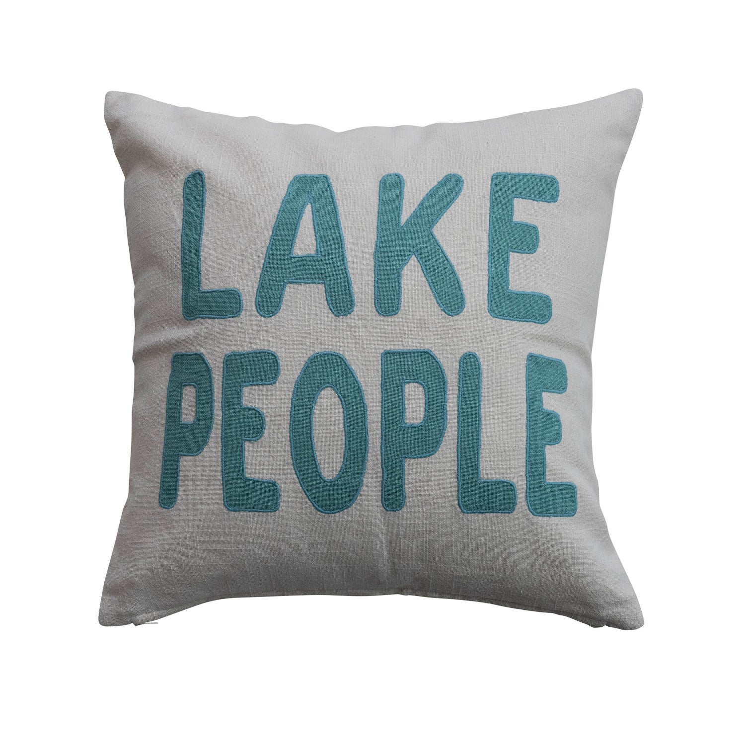 18" Square Cotton Pillow with Embroidery "Lake People", White & Blue ©