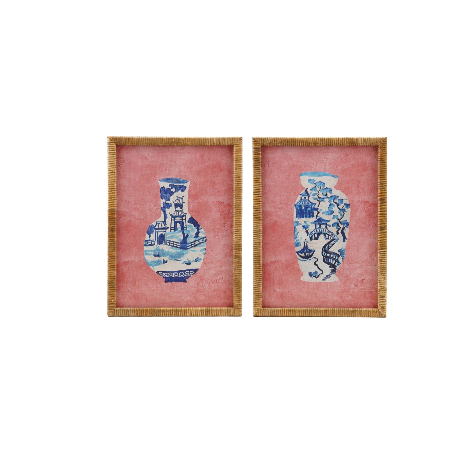 Rattan Wrapped Wood Framed Glass Wall Decor with Vase, 2 Styles