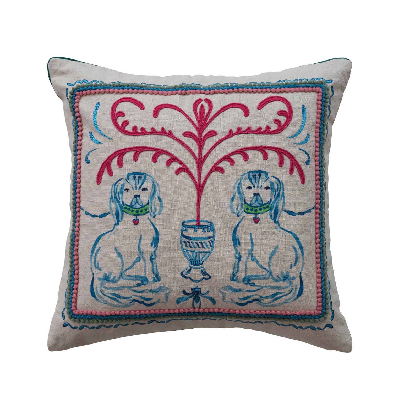 18" Square Cotton & Linen Pillow with Staffordshire Dog Scene, Embroidery & Velvet Back