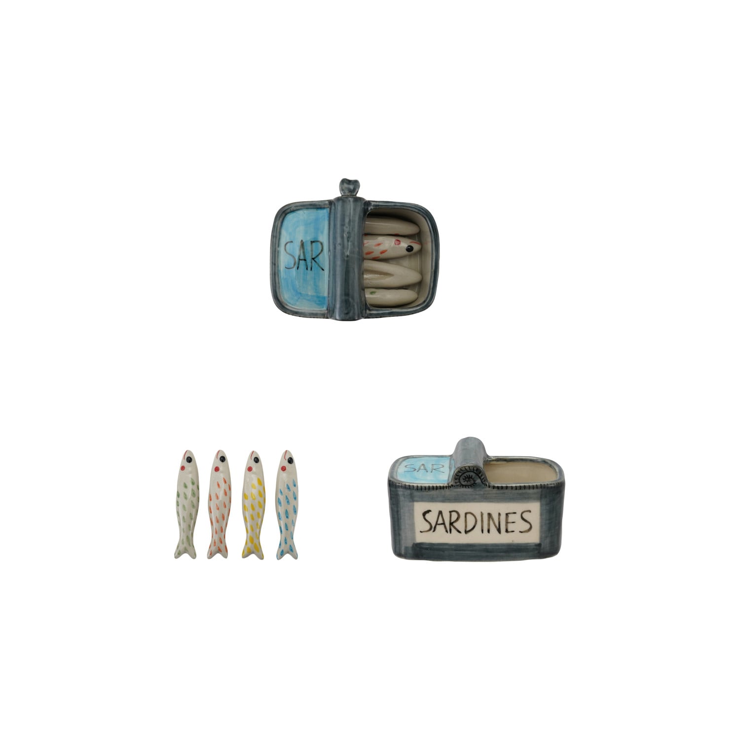 Hand-Painted Stoneware Container with 4 Sardine Utensil Rests, Set of 5