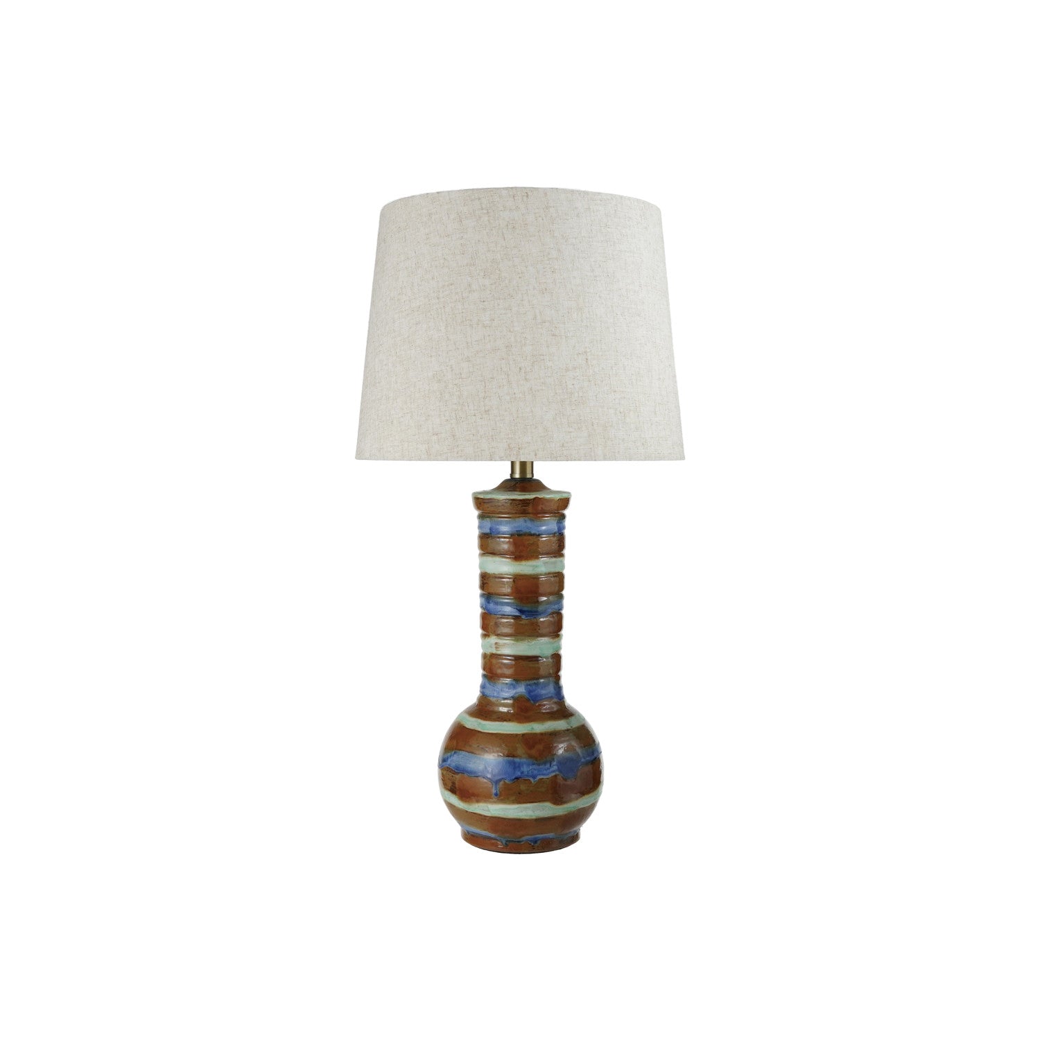 Hand-Painted Stoneware Striped Table Lamp with Linen Shade (Each One Will Vary)