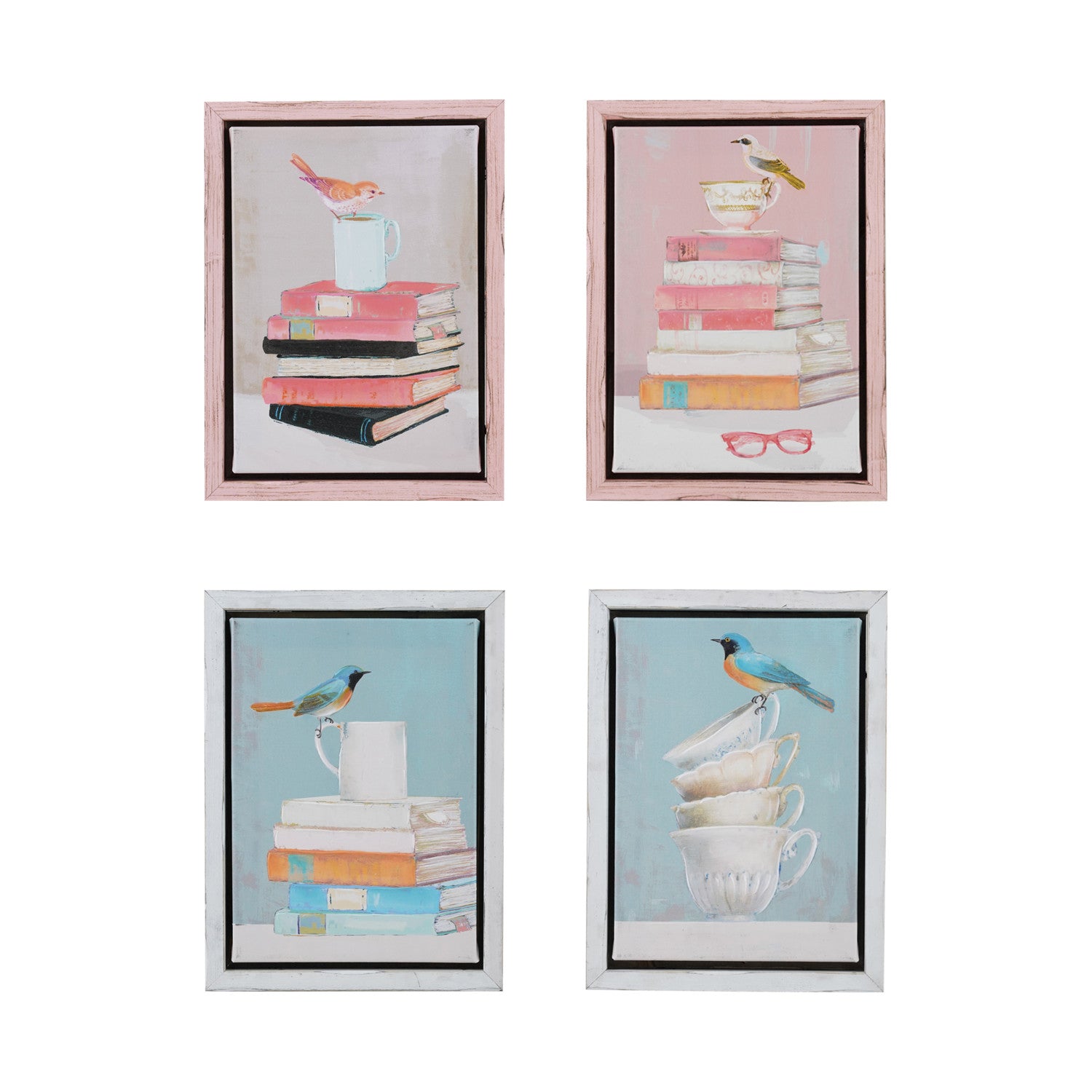 Wood Framed Hand-Painted Canvas Wall Decor with Bird & Mugs/Books, 4 Styles
