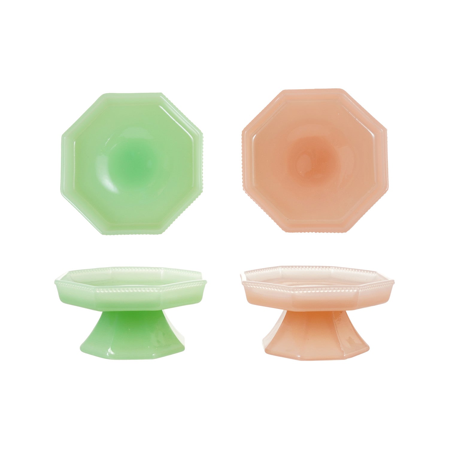 Pressed Milk Glass Octagon Footed Pedestal, Green and Pink
