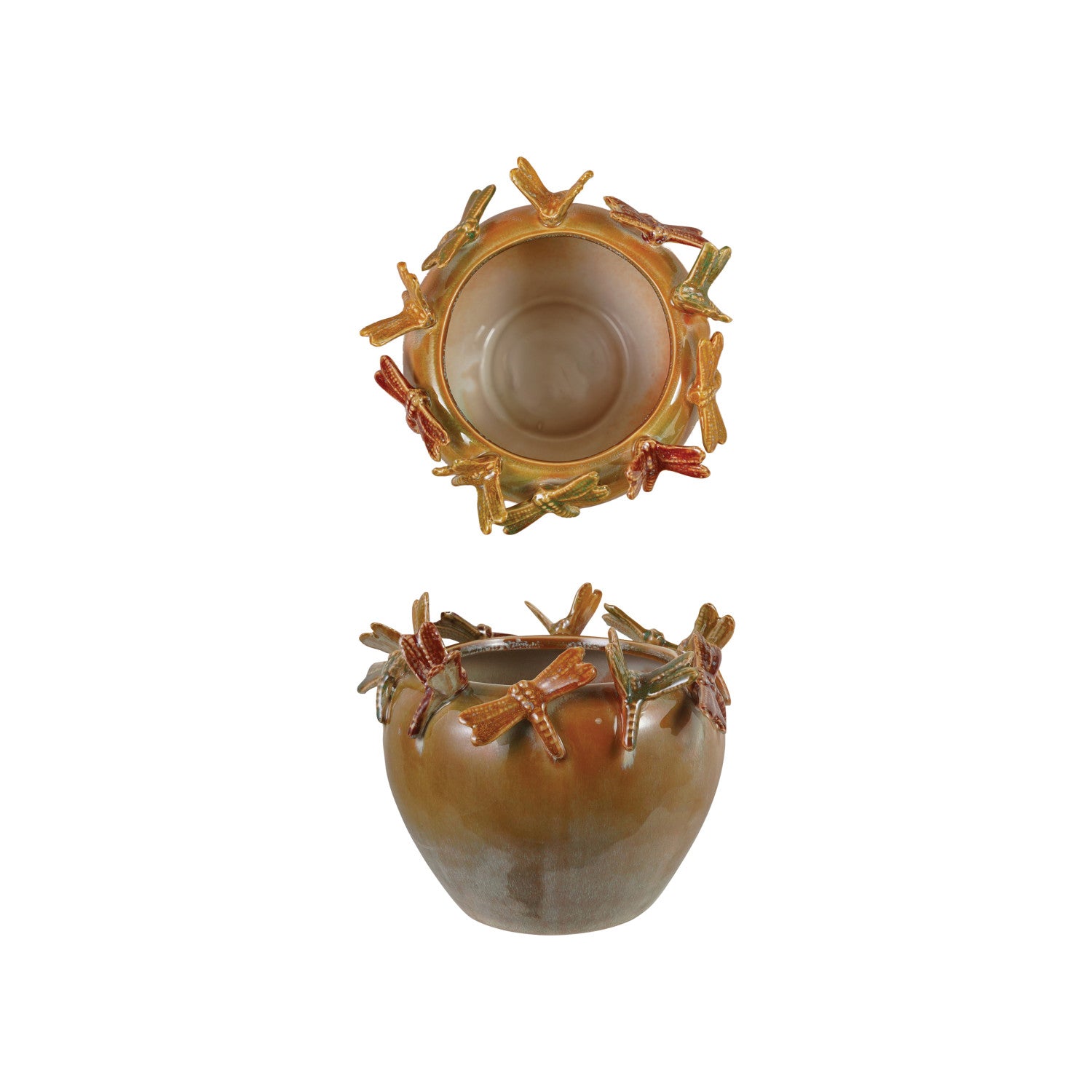 Stoneware Planter with 3D Dragonflies (Holds 4" Pot) (Each Varies)