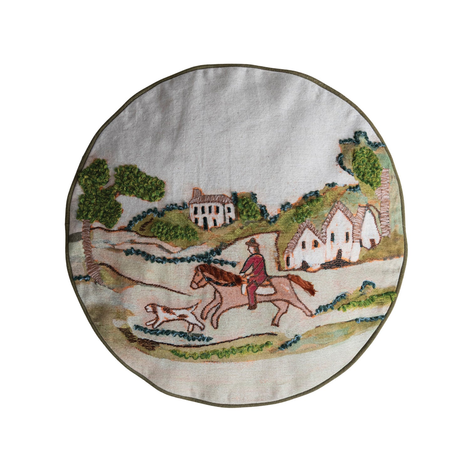 Cotton and Linen Pillow with Countryside Scene and Patterned Back