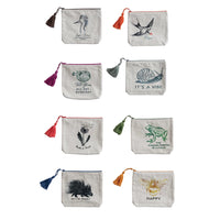 Cotton Printed Zip Pouch w/ Saying, Image & Tassel, 8 Styles