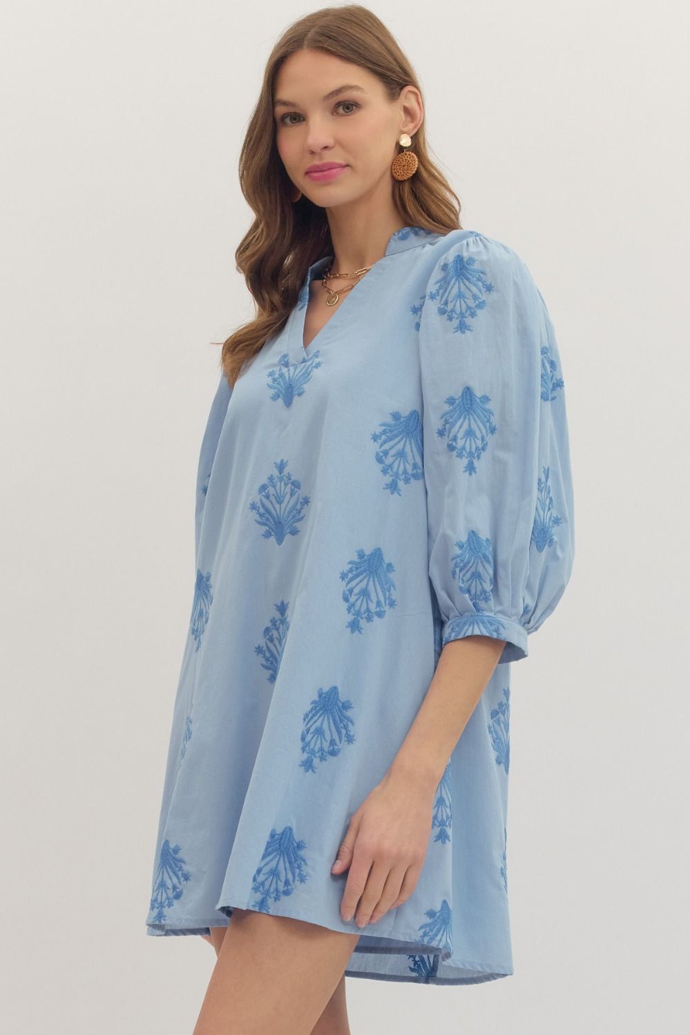 Faith Embroidered Print Short Puff Sleeve Dress