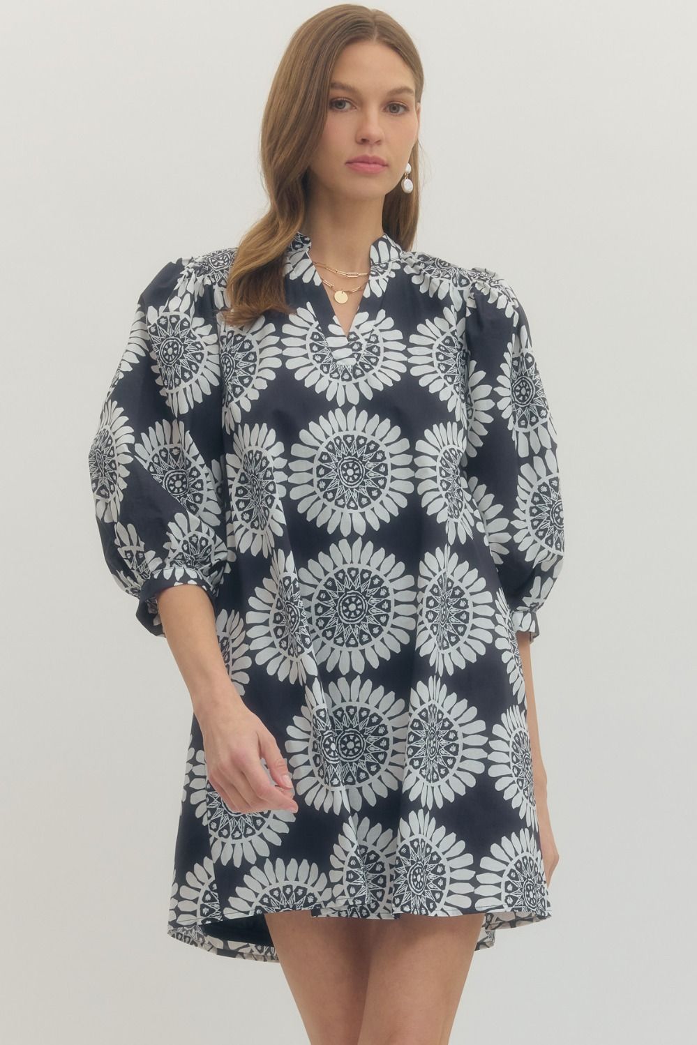 Daisy Print Puff Sleeve Mini Dress