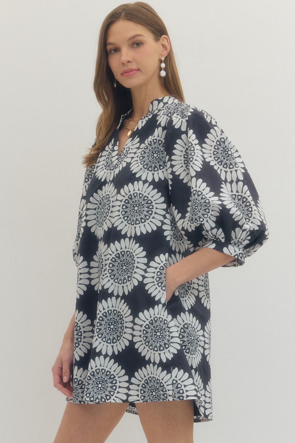 Daisy Print Puff Sleeve Mini Dress
