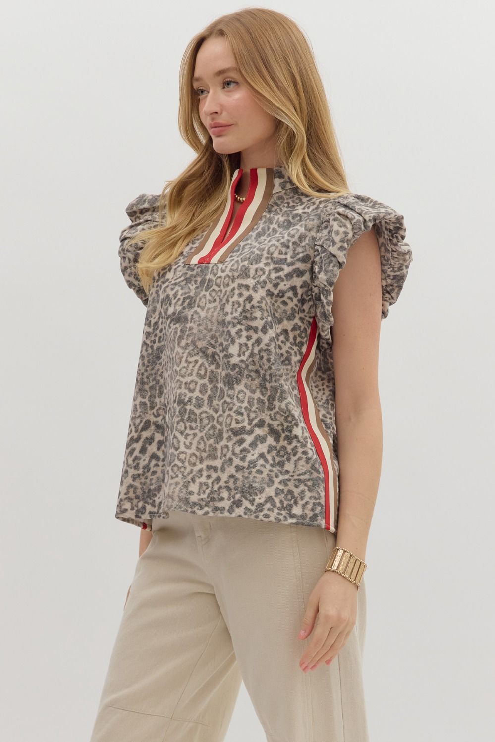 Leopard Puff Flutter Sleeve Top