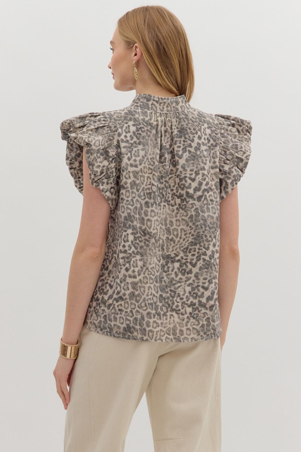 Leopard Puff Flutter Sleeve Top
