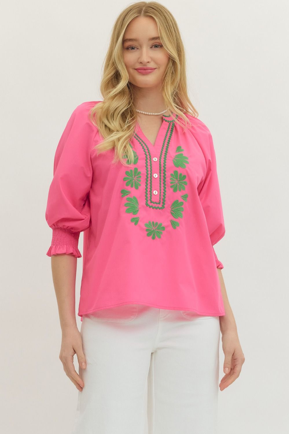 Hattie Hot Pink Embroidered Long  Sleeve Top