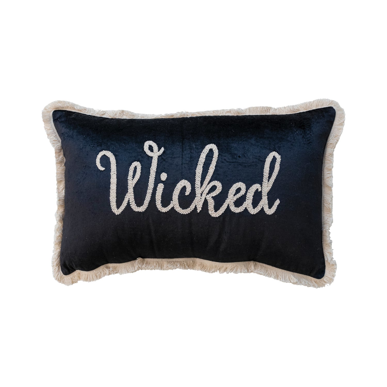 Cotton Velvet Lumbar Pillow with Embroidery and Fringe by Creative Co-Op