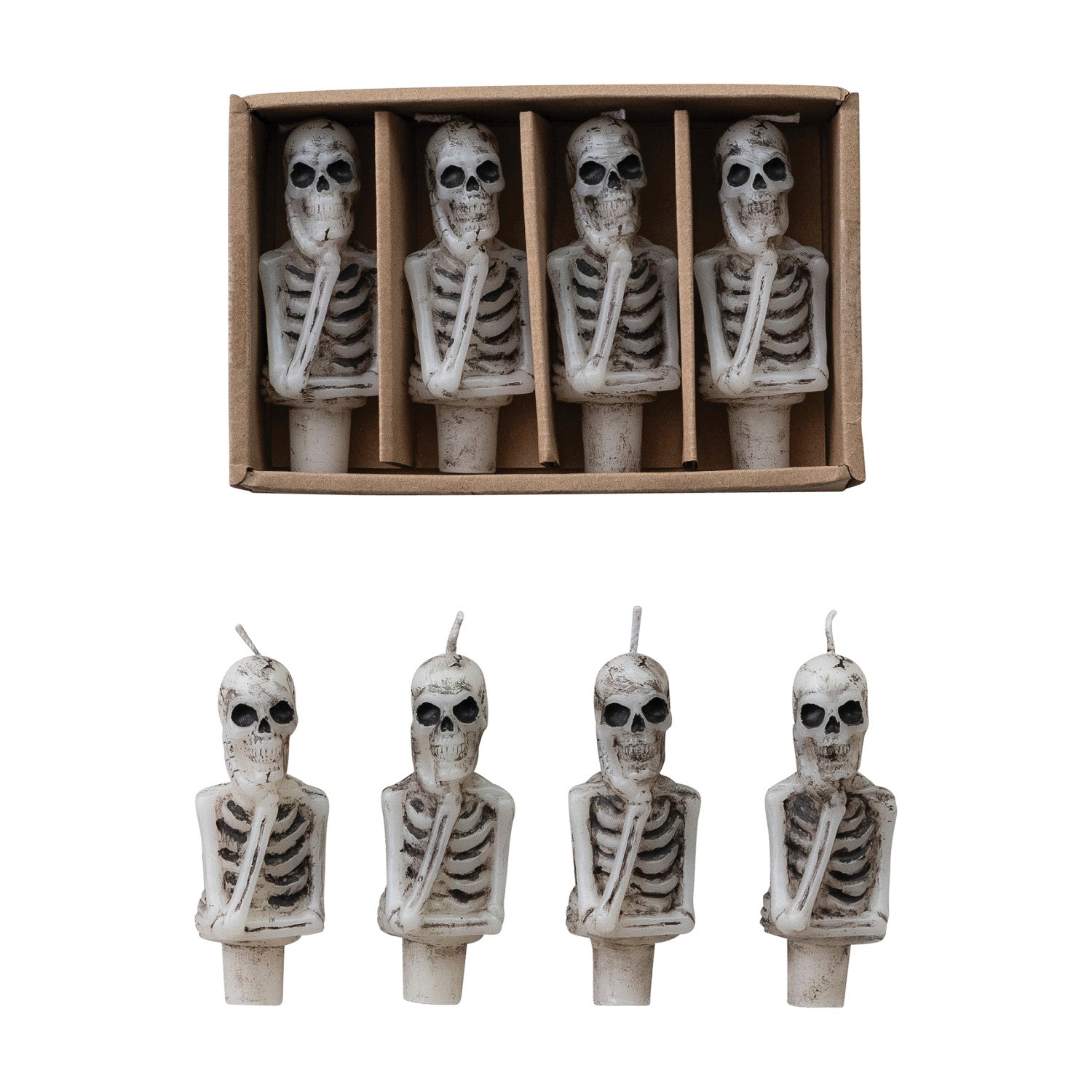 Unscented Skeleton Shaped Bottle Taper Candles in Box, White & Black, Set of 4 by Creative Co-Op