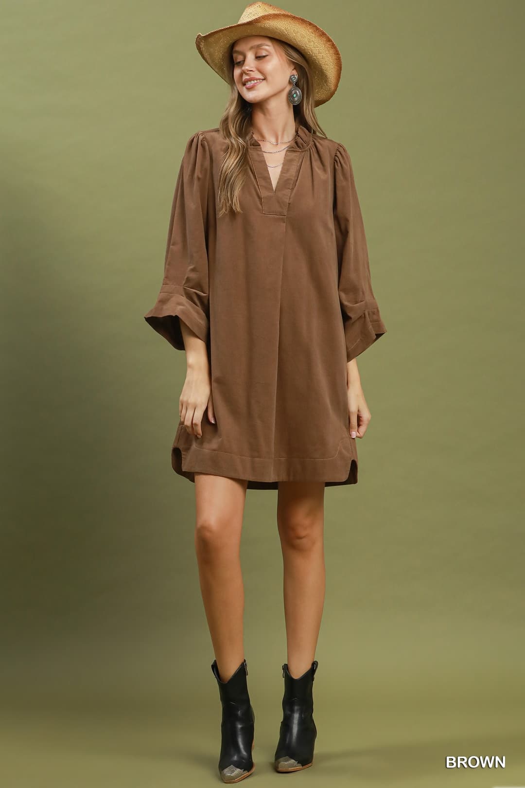 Umgee C6657 Corduroy Puff Sleeve Shift Dress – Teal with Pockets - View 3