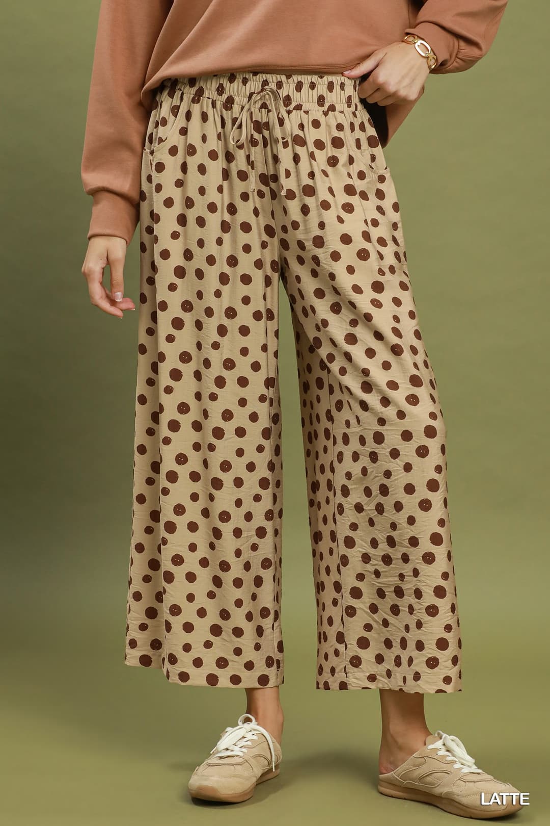 Umgee D1261 Polka Dot Wide-Leg Pants – Latte with Front Tie - View 2