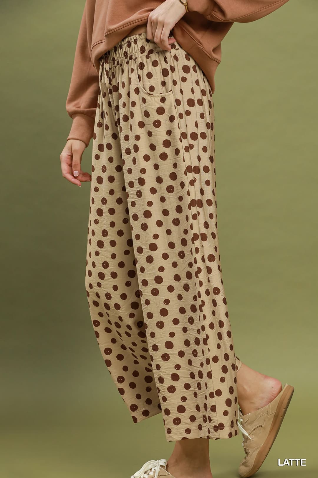 Umgee D1261 Polka Dot Wide-Leg Pants – Latte with Front Tie - View 4