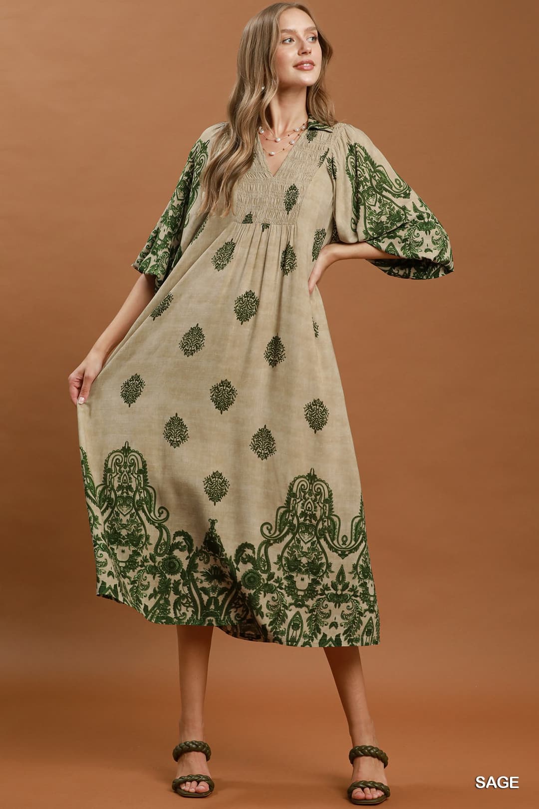 Umgee D1165 Border Print Smocked Yoke Midi Dress – Charcoal with Pockets - View 3