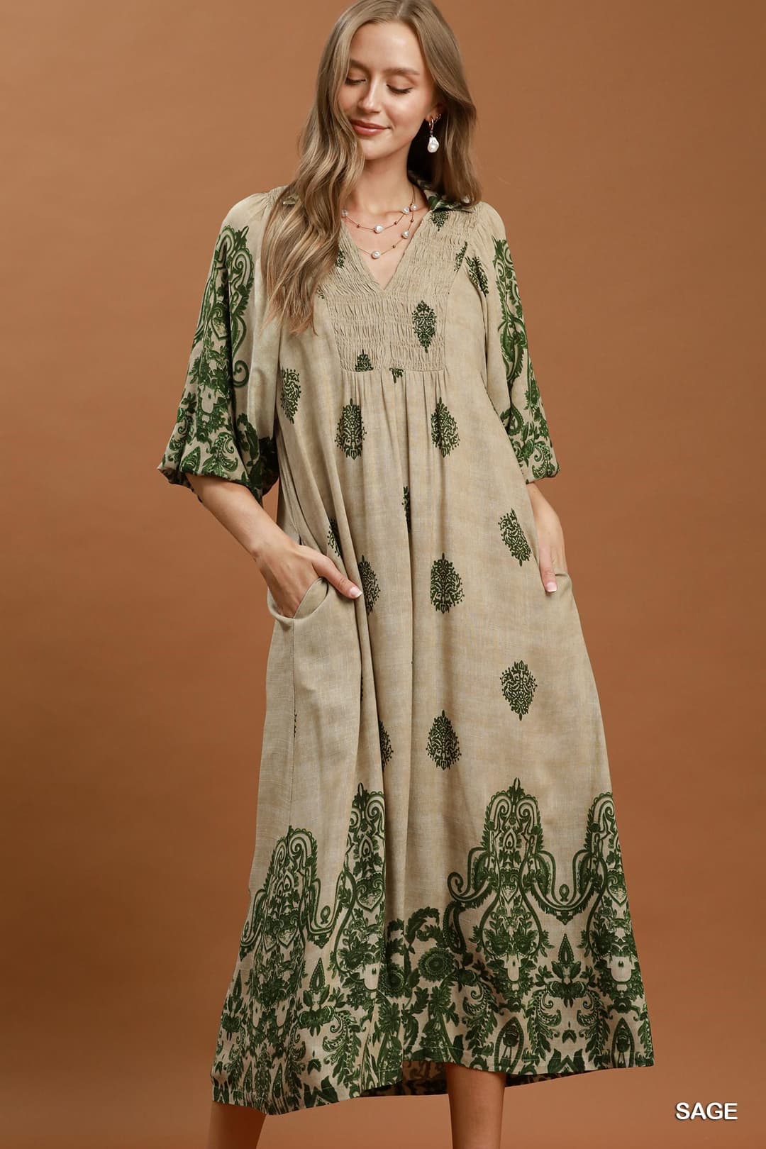 Umgee D1165 Border Print Smocked Yoke Midi Dress – Charcoal with Pockets - View 2