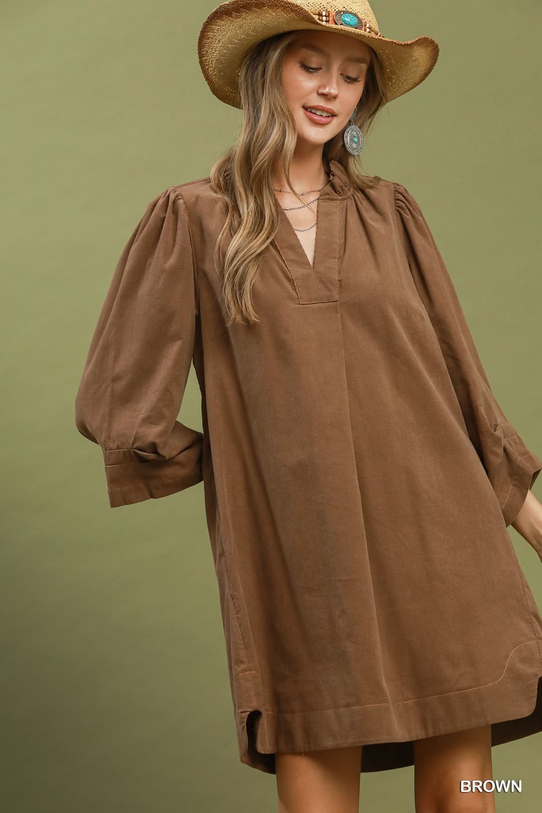 Umgee C6657 Corduroy Puff Sleeve Shift Dress – Teal with Pockets - Size S