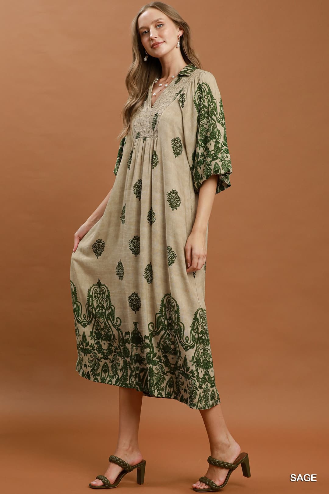 Umgee D1165 Border Print Smocked Yoke Midi Dress – Charcoal with Pockets - View 4