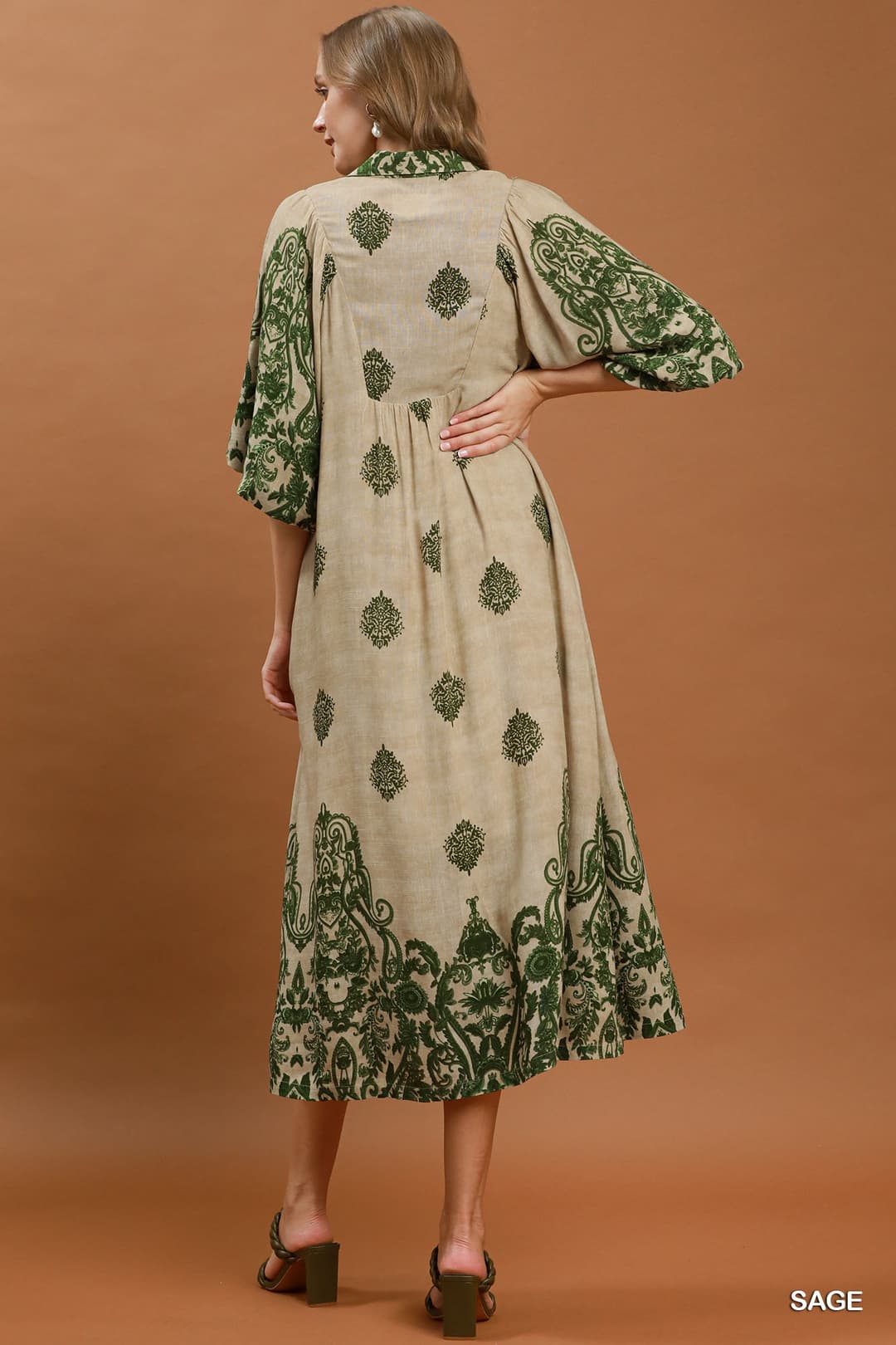 Umgee D1165 Border Print Smocked Yoke Midi Dress – Charcoal with Pockets - View 5
