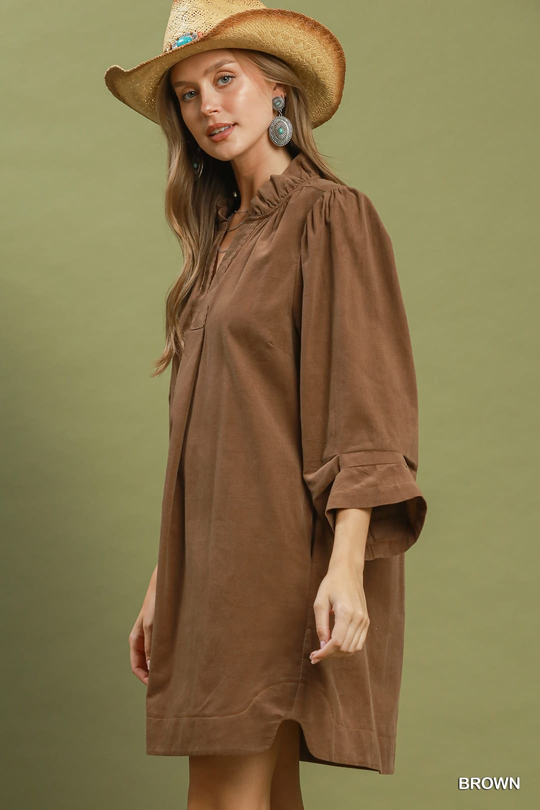 Umgee C6657 Corduroy Puff Sleeve Shift Dress – Teal with Pockets - View 4