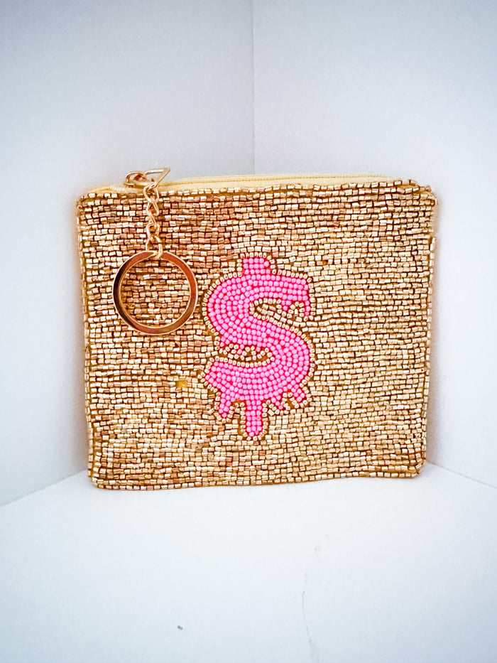 Pink and Gold Money Beaded Coin Purse Keychain