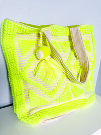 Boho Tribal Design Large Tote Bag - Neon Yellow